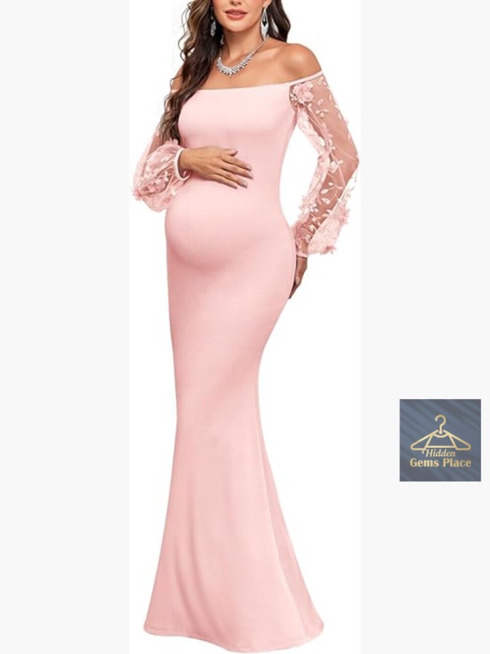 Maternity Evening Gown Off-Shoulder 3D Floral Mesh Sleeves Mermaid Maxi Dress